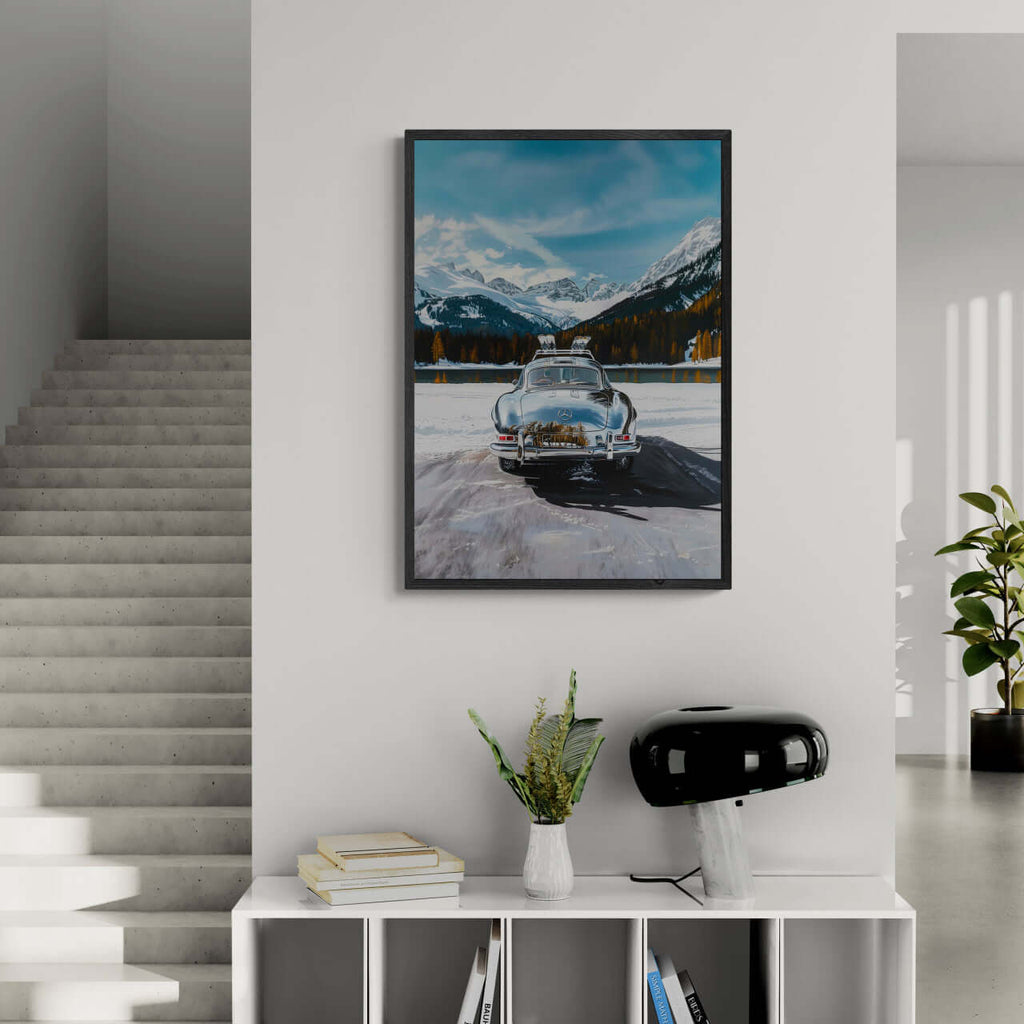 Mercedes on Ice St. Moritz - Poster showcasing a classic car on a frozen lake with snowy mountains, perfect wall art for modern decor.