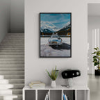 Mercedes on Ice St. Moritz - Poster showcasing a classic car on a frozen lake with snowy mountains, perfect wall art for modern decor.