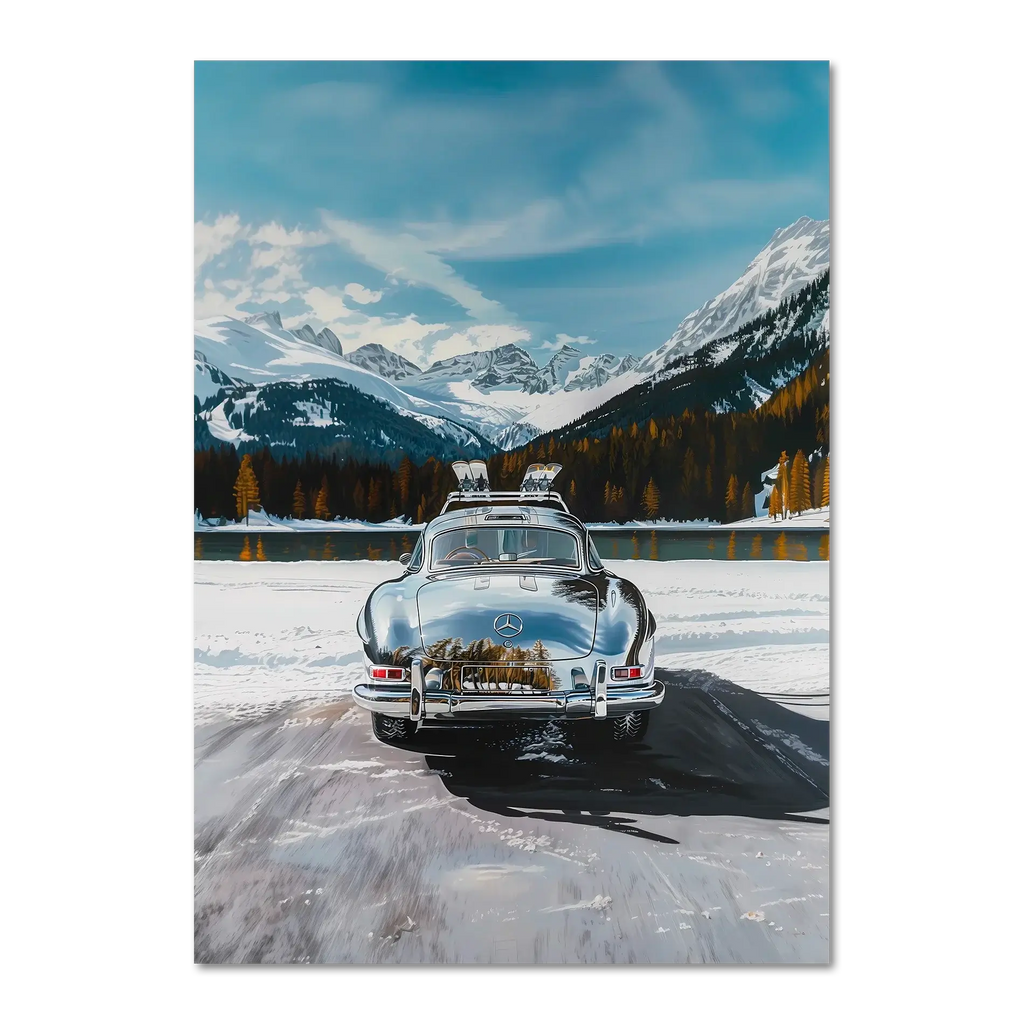 Mercedes on Ice St. Moritz - Poster featuring a classic Mercedes on a frozen lake with snowy mountains.