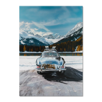Mercedes on Ice St. Moritz - Poster featuring a classic Mercedes on a frozen lake with snowy mountains.