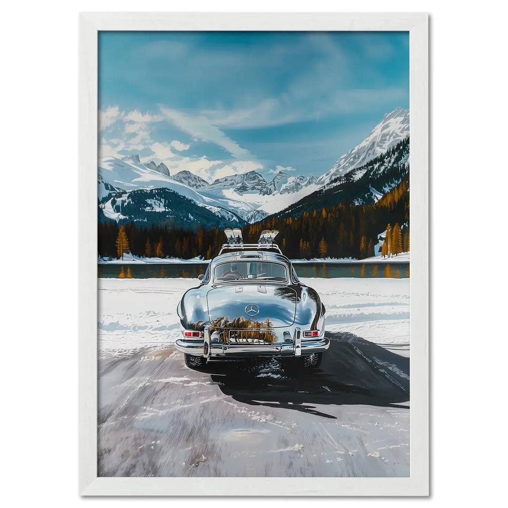 Mercedes on Ice St. Moritz - Poster featuring a classic Mercedes car on a snowy road with mountains in the background.