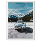 Mercedes on Ice St. Moritz - Poster featuring a classic Mercedes car on a snowy road with mountains in the background.