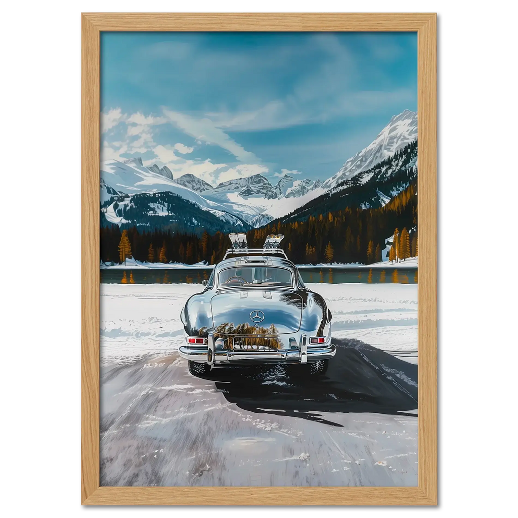 Mercedes on Ice St. Moritz - Poster showing a classic Mercedes on a frozen lake, framed by snowy mountains and alpine scenery.