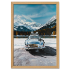 Mercedes on Ice St. Moritz - Poster showing a classic Mercedes on a frozen lake, framed by snowy mountains and alpine scenery.