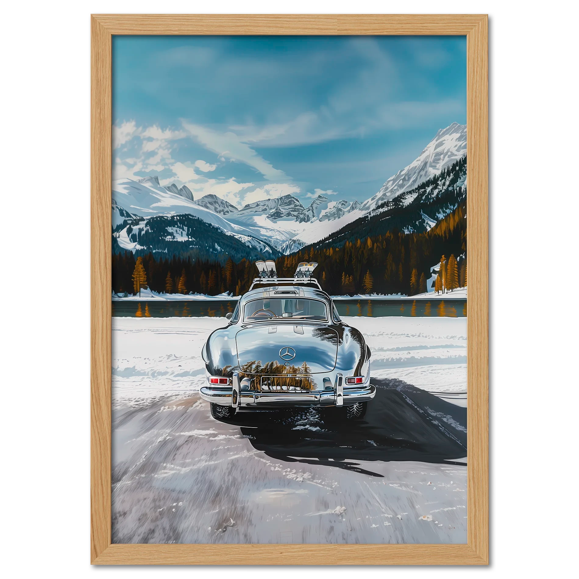 Mercedes on Ice St. Moritz - Poster showing a classic Mercedes on a frozen lake, framed by snowy mountains and alpine scenery.