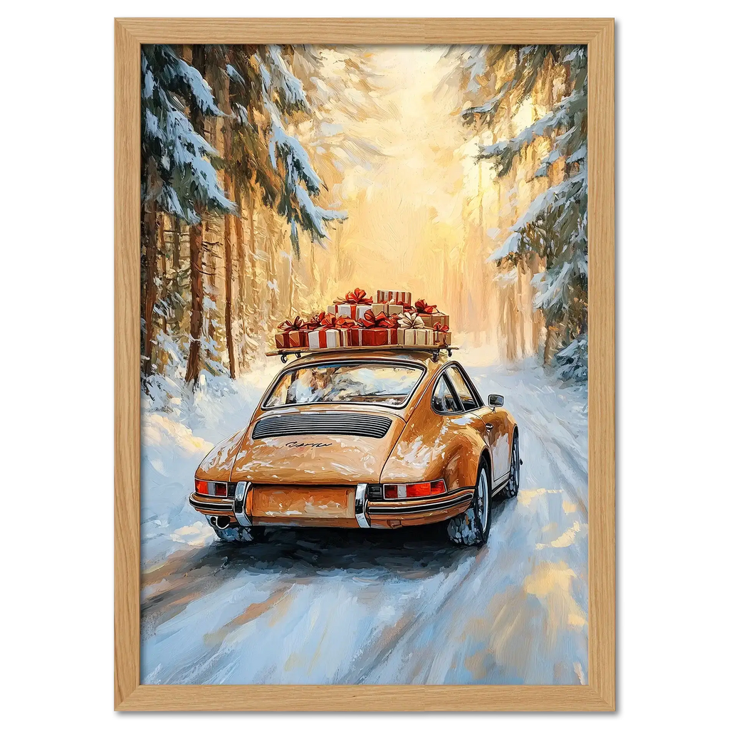 Merry Christmas - Winter Drive - Poster featuring a classic car in a snowy forest with gifts on the roof.