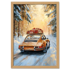 Merry Christmas - Winter Drive - Poster featuring a classic car in a snowy forest with gifts on the roof.