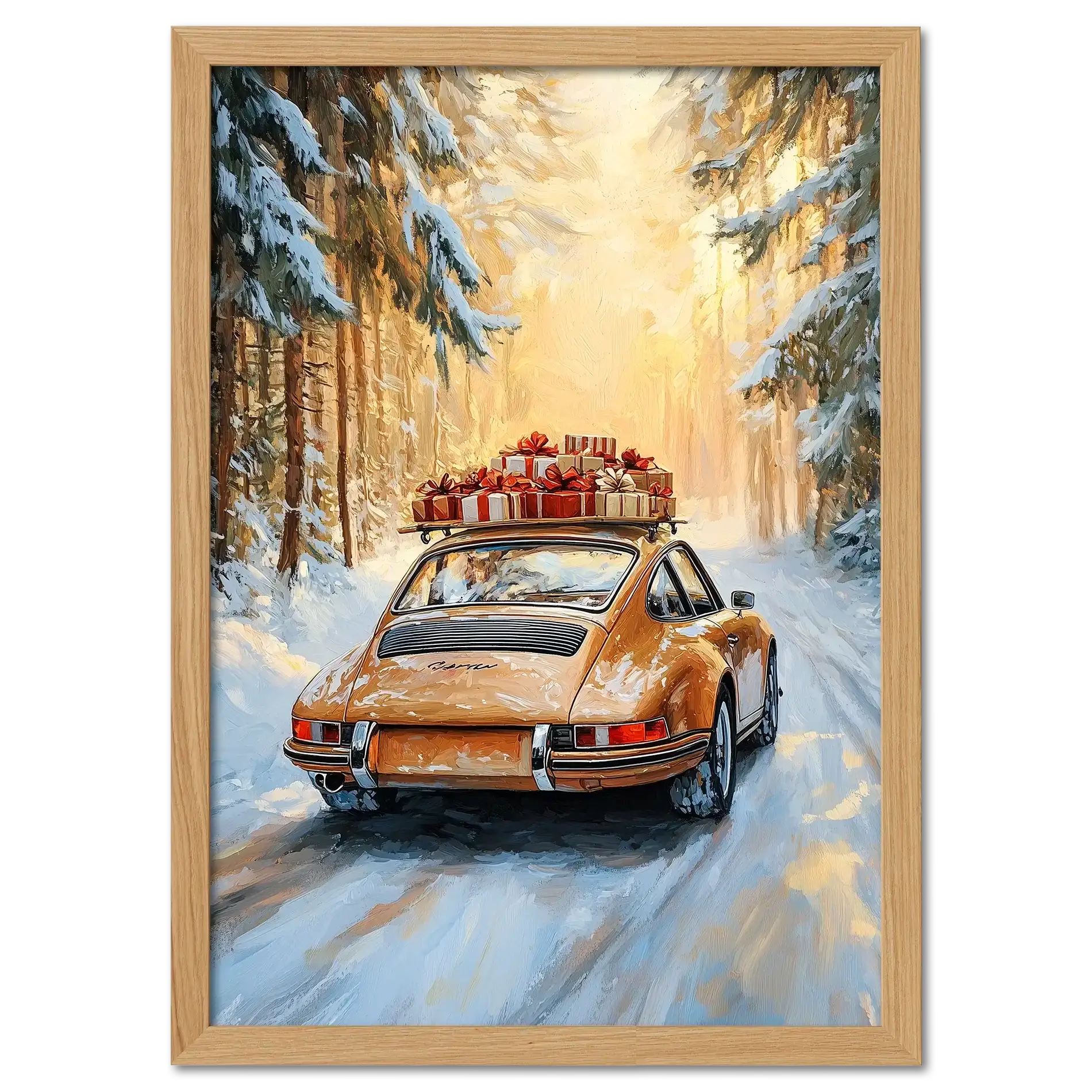 Merry Christmas - Winter Drive - Poster featuring a classic car in a snowy forest with gifts on the roof.
