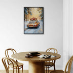 Merry Christmas - Winter Drive - Poster featuring a classic car driving through a snowy forest for cozy wall art decor.