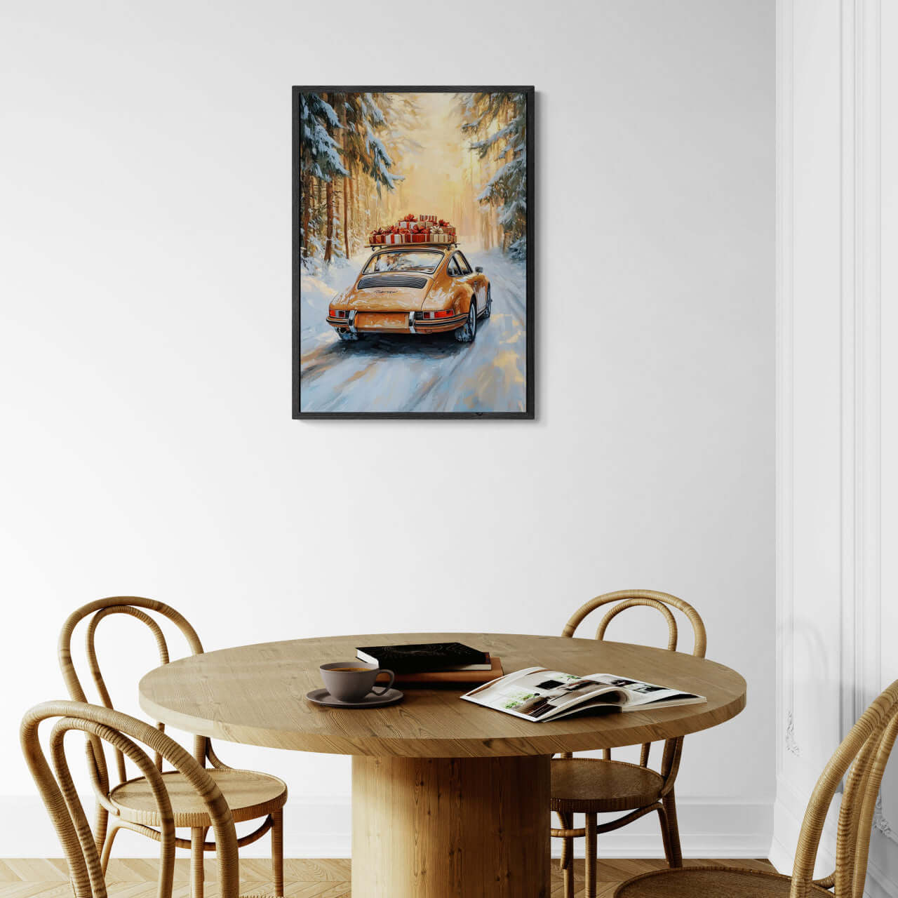 Merry Christmas - Winter Drive - Poster featuring a classic car driving through a snowy forest for cozy wall art decor.