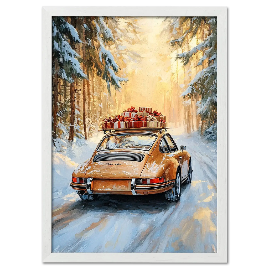 Merry Christmas - Winter Drive - Poster featuring a classic car with gifts on a snowy forest road.