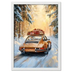 Merry Christmas - Winter Drive - Poster featuring a classic car with gifts on a snowy forest road.