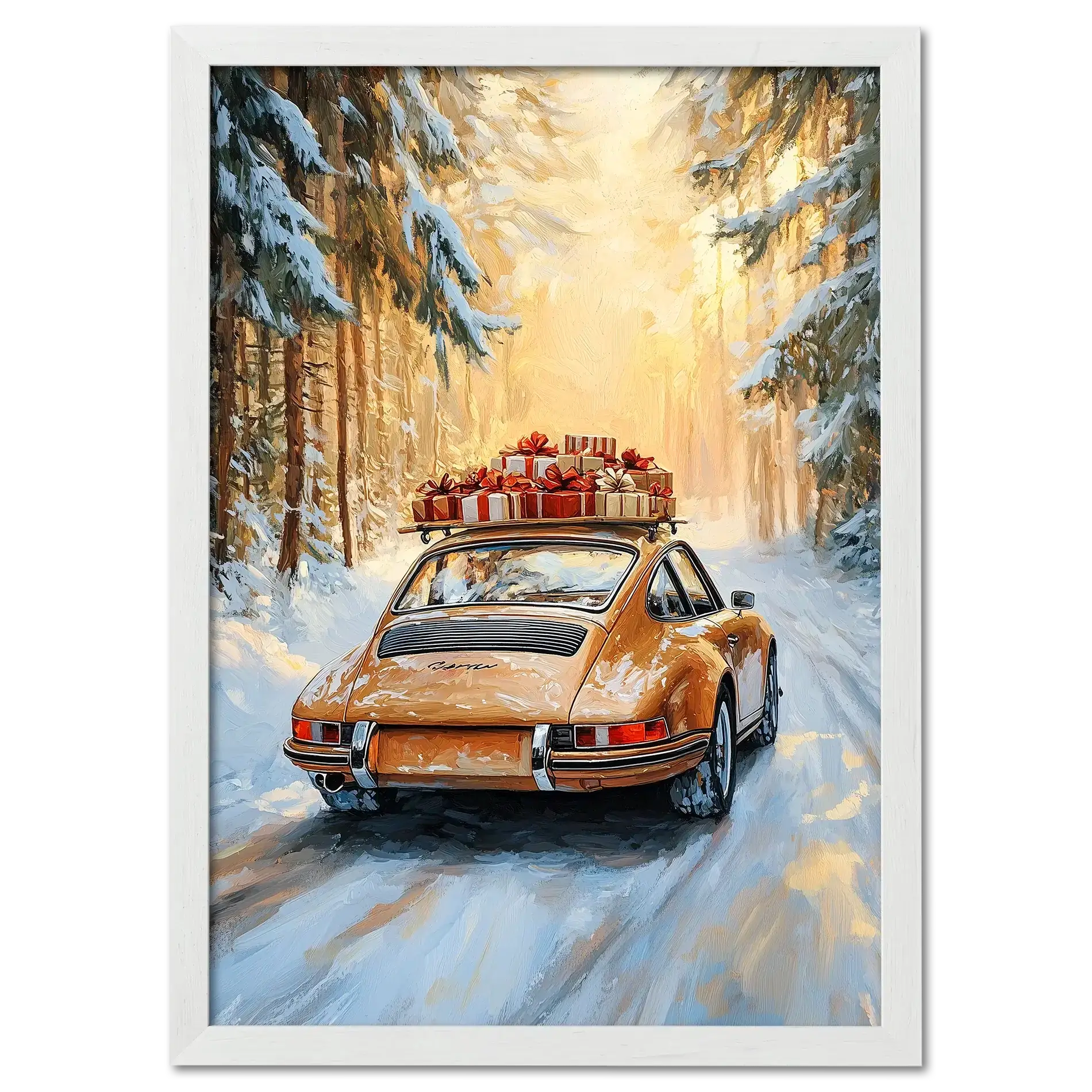 Merry Christmas - Winter Drive - Poster featuring a classic car with gifts on a snowy forest road.