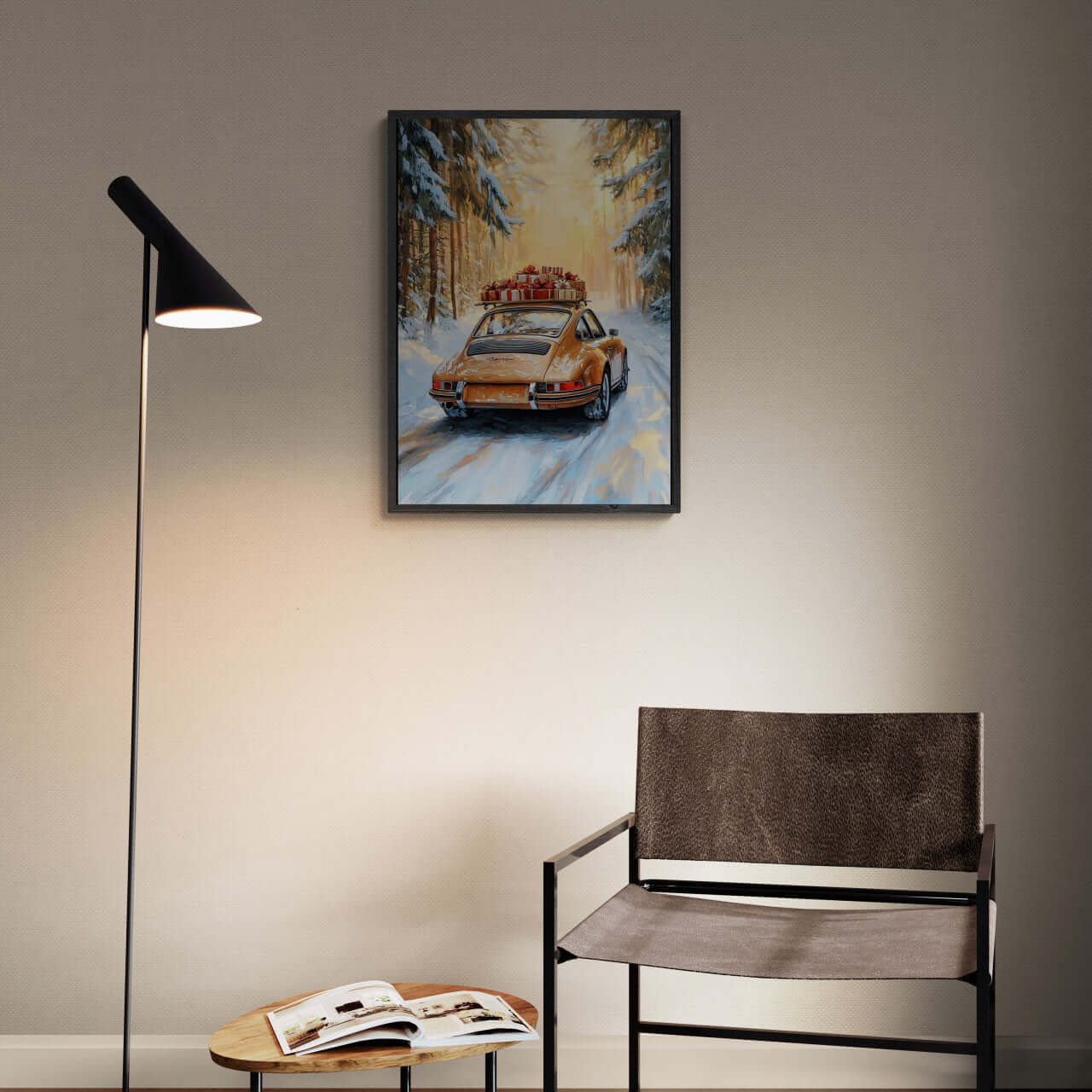Merry Christmas - Winter Drive - Poster featuring a classic car in snowy forest, warm light, cozy winter vibe.