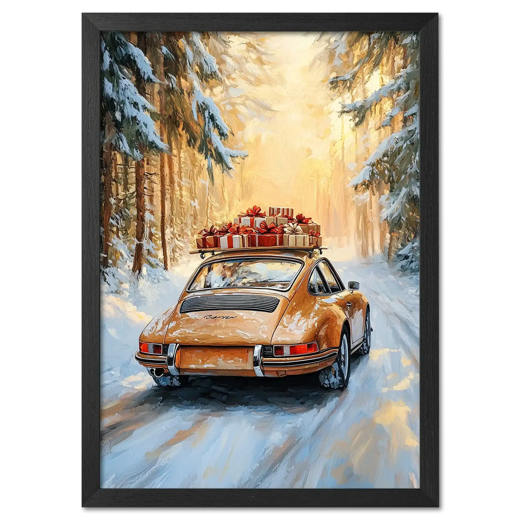 Merry Christmas - Winter Drive - Poster featuring a classic car in a snowy forest with gifts on the roof.