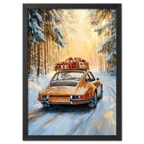 Merry Christmas - Winter Drive - Poster featuring a classic car in a snowy forest with gifts on the roof.