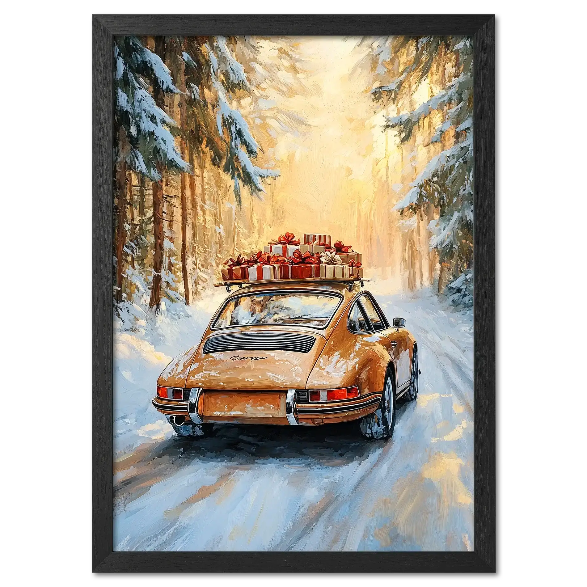 Merry Christmas - Winter Drive - Poster featuring a classic car in a snowy forest with gifts on the roof.