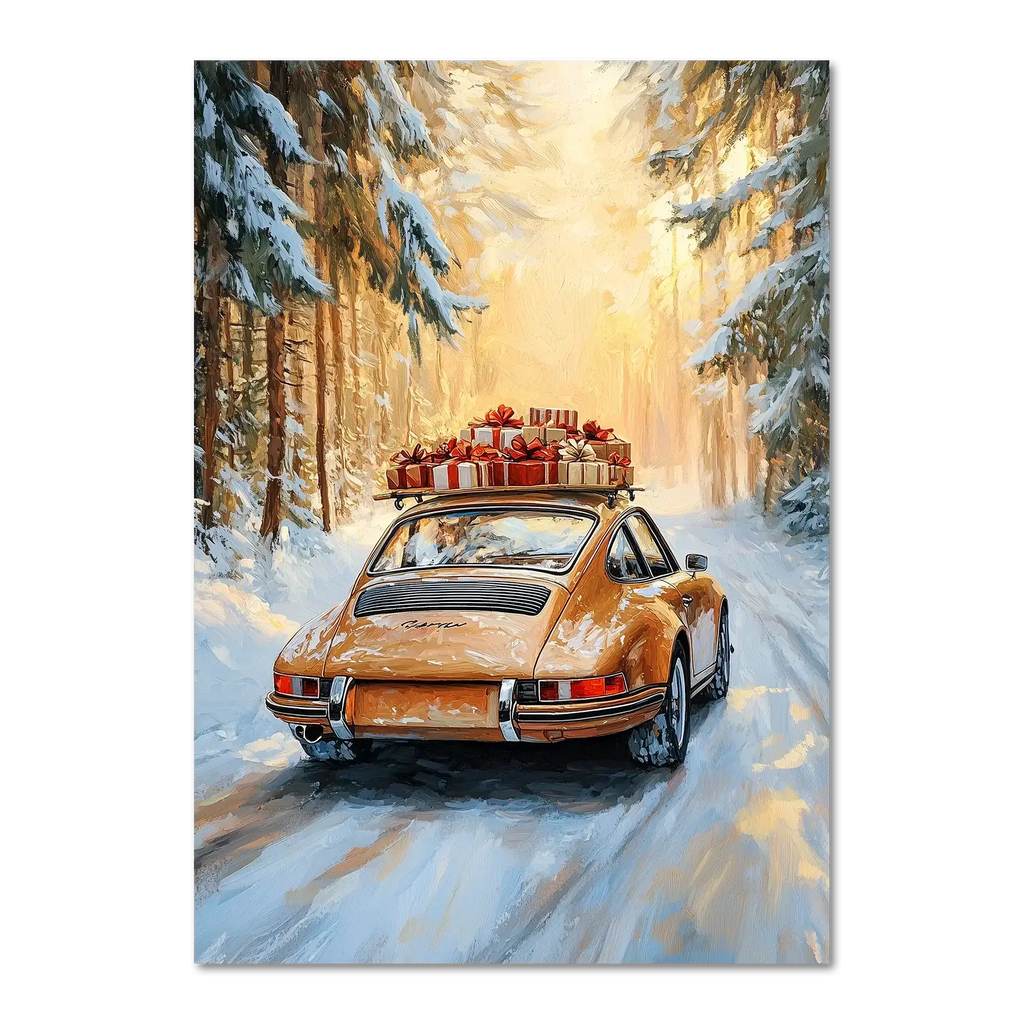 Merry Christmas - Winter Drive - Poster featuring a classic car driving through a snowy forest with gifts on the roof.