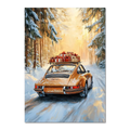 Merry Christmas - Winter Drive - Poster featuring a classic car driving through a snowy forest with gifts on the roof.