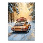 Merry Christmas - Winter Drive - Poster featuring a classic car driving through a snowy forest with gifts on the roof.