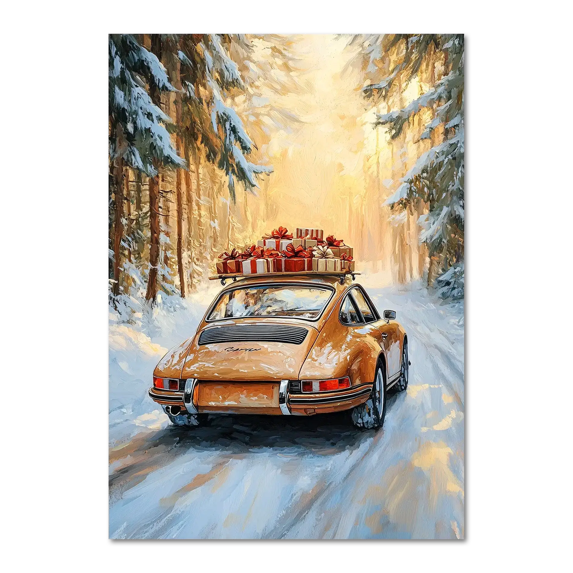 Merry Christmas - Winter Drive - Poster featuring a classic car driving through a snowy forest with gifts on the roof.
