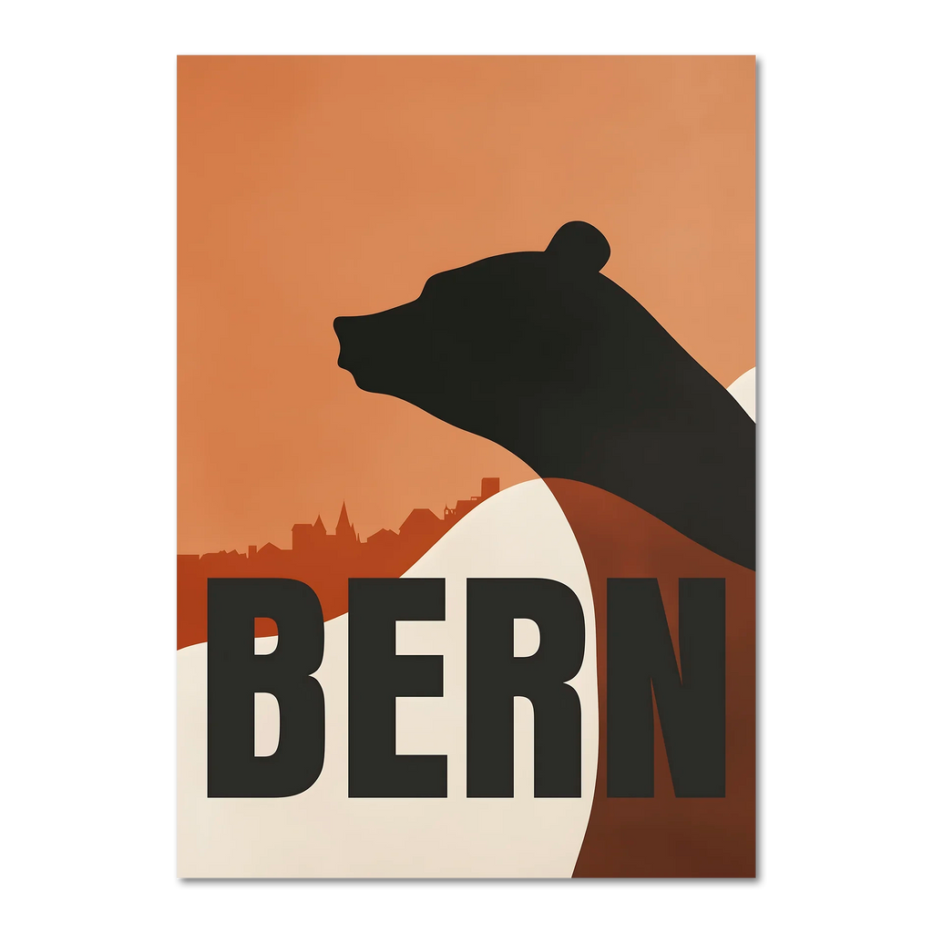 Bern Silhouette - Poster featuring a bear silhouette above a cityscape with warm orange tones.