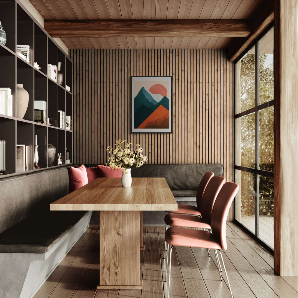 Davos – Winter Retreat - Poster displayed in a modern dining area with wooden accents and stylish seating.