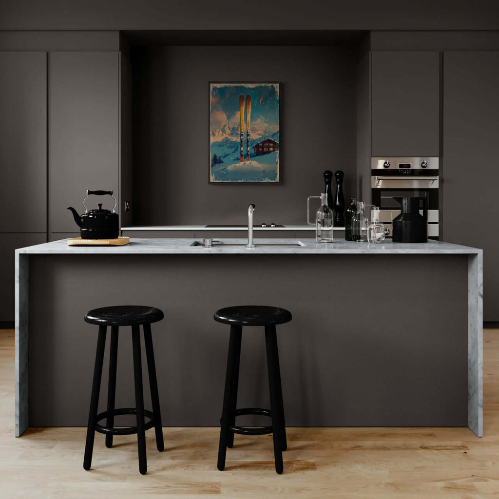 Ski into Serenity - Poster displayed in modern kitchen with black stools and marble countertop.