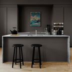 Ski into Serenity - Poster displayed in modern kitchen with black stools and marble countertop.