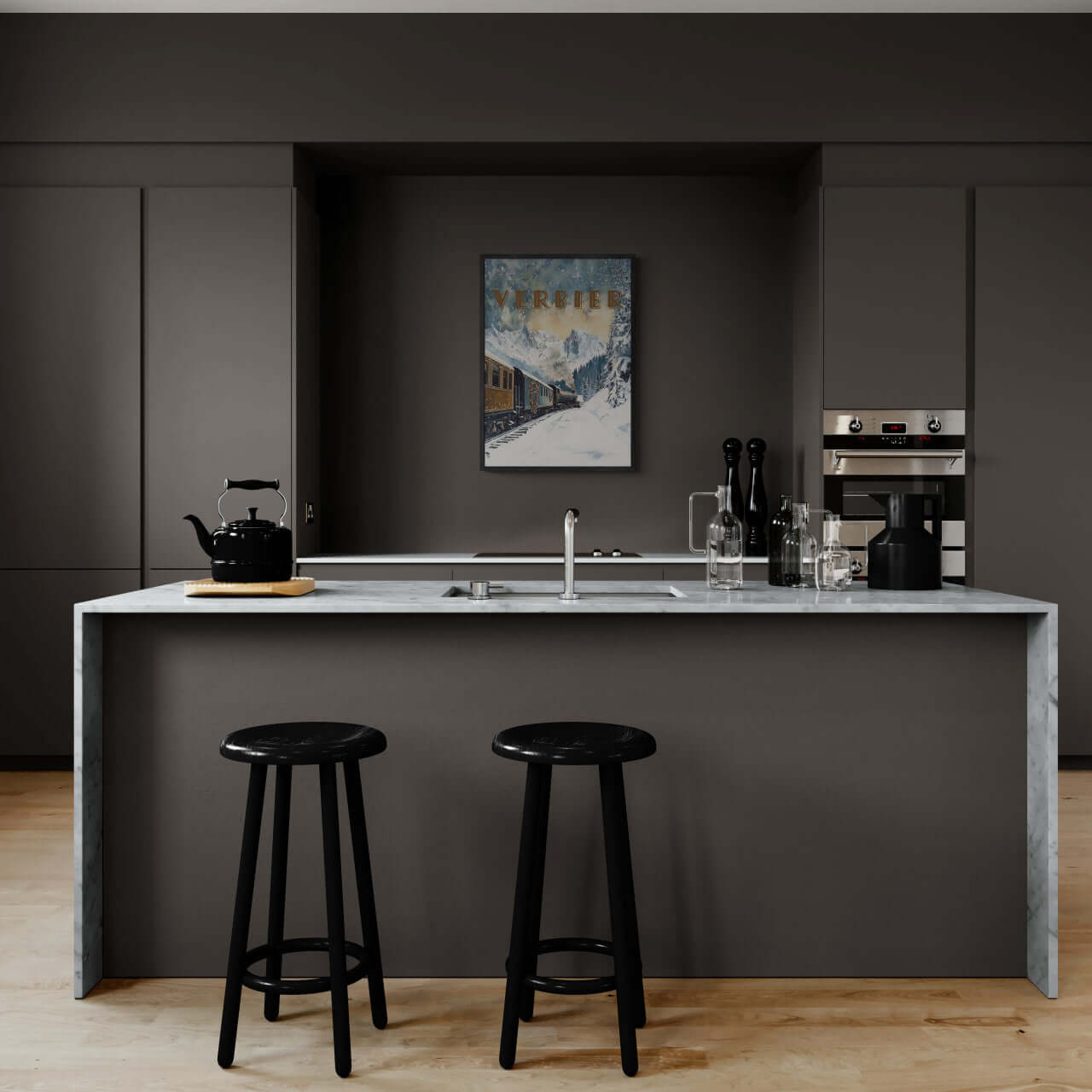 Modern kitchen with marble countertop, featuring a Verbier Skiing - Poster on the wall and stylish black stools.