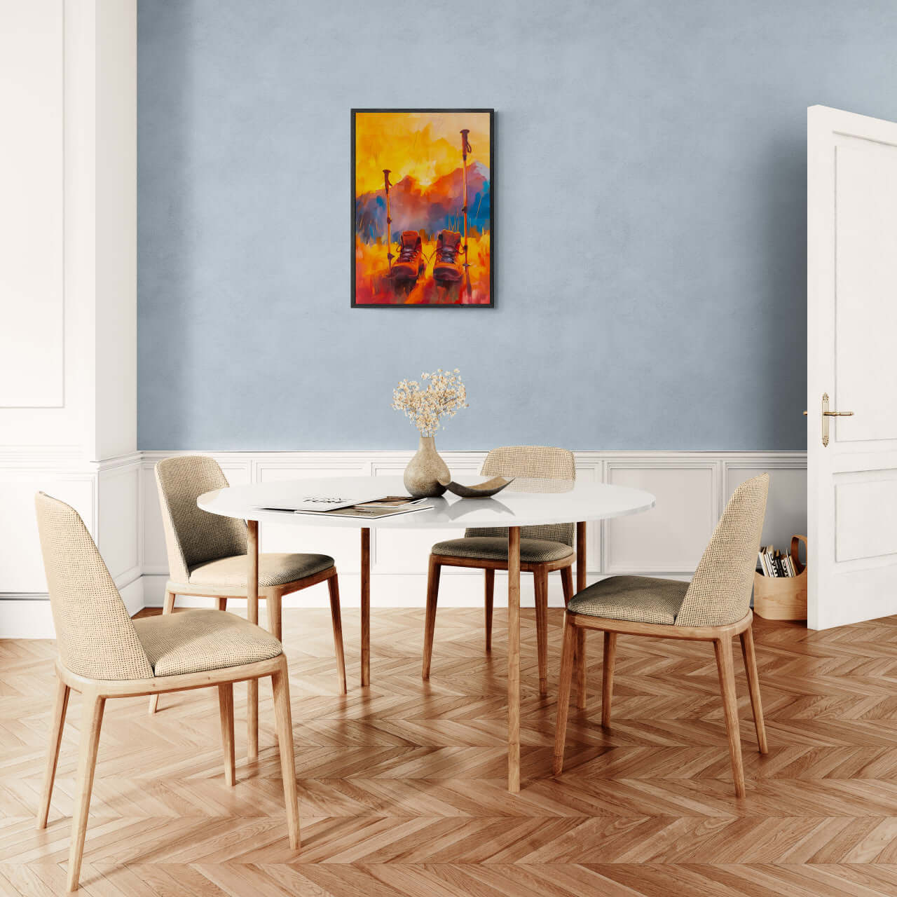 Time to Pause and Savor - Poster in a modern dining area with beige chairs and a blue wall.