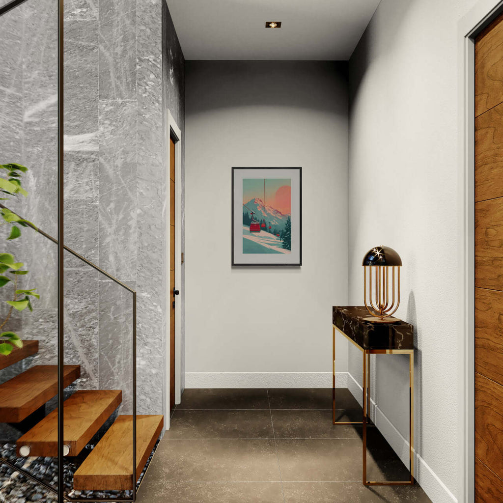 Lift at Dawn - Poster framed in a modern hallway featuring a stylish lamp and elegant decor.