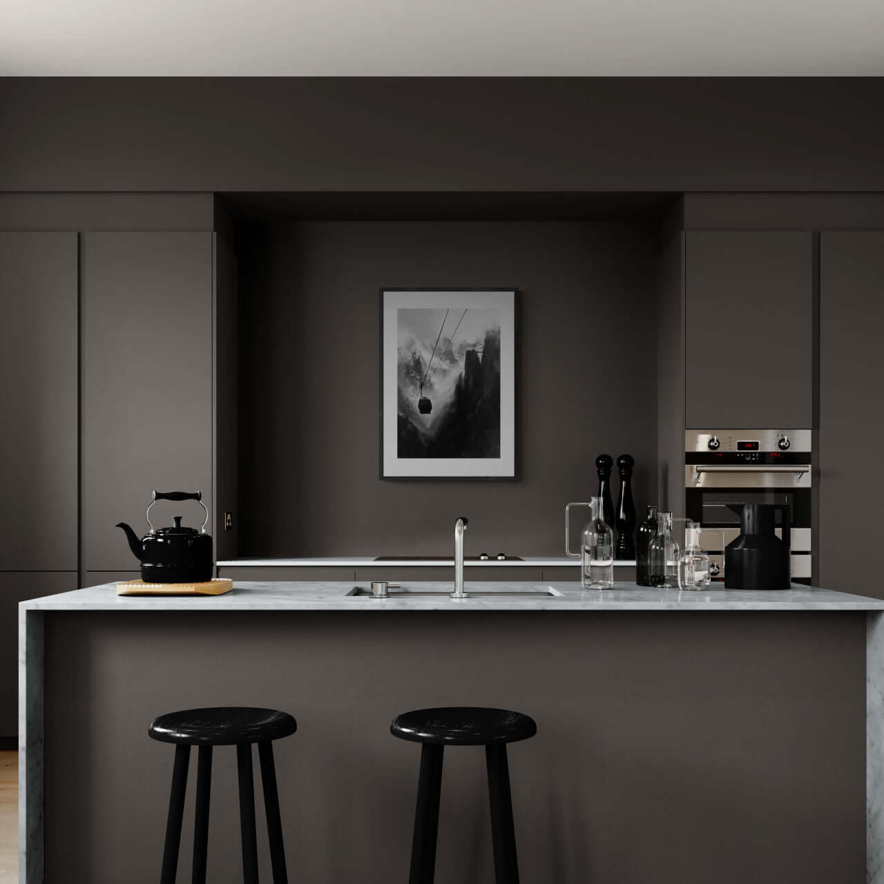 Mysterious Lift - Poster displayed in a modern kitchen with a dark color scheme and minimalist design.