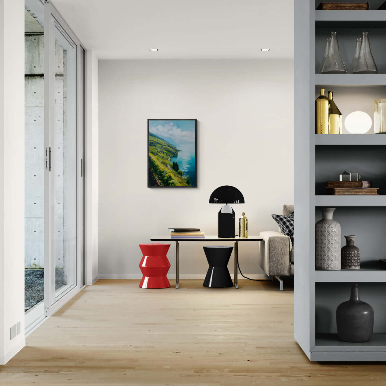 Interior view featuring Lavaux Shoreline - Poster framed on a wall, enhancing modern minimalist decor.