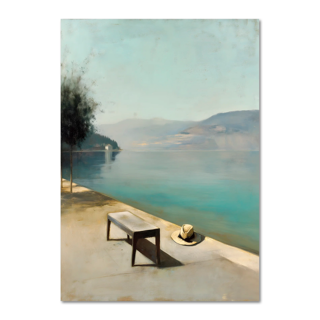 Alps Still - Poster featuring a peaceful lakeside scene with a bench and a hat under soft daylight.