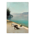 Alps Still - Poster featuring a peaceful lakeside scene with a bench and a hat under soft daylight.