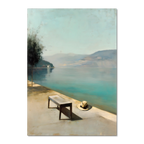 Alps Still - Poster featuring a peaceful lakeside scene with a bench and a hat under soft daylight.