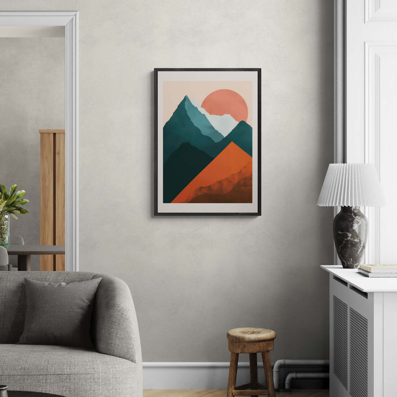 Davos – Winter Retreat - Poster showcased in a modern living room with mountain art on the wall.