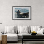 Moment in Luzern - Poster featuring Kapellbrücke and Water Tower in a serene alpine setting, perfect for wall art.