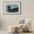 Moment in Luzern - Poster featuring Kapellbrücke and Water Tower with Alps, perfect as Wall Art in cozy interiors.