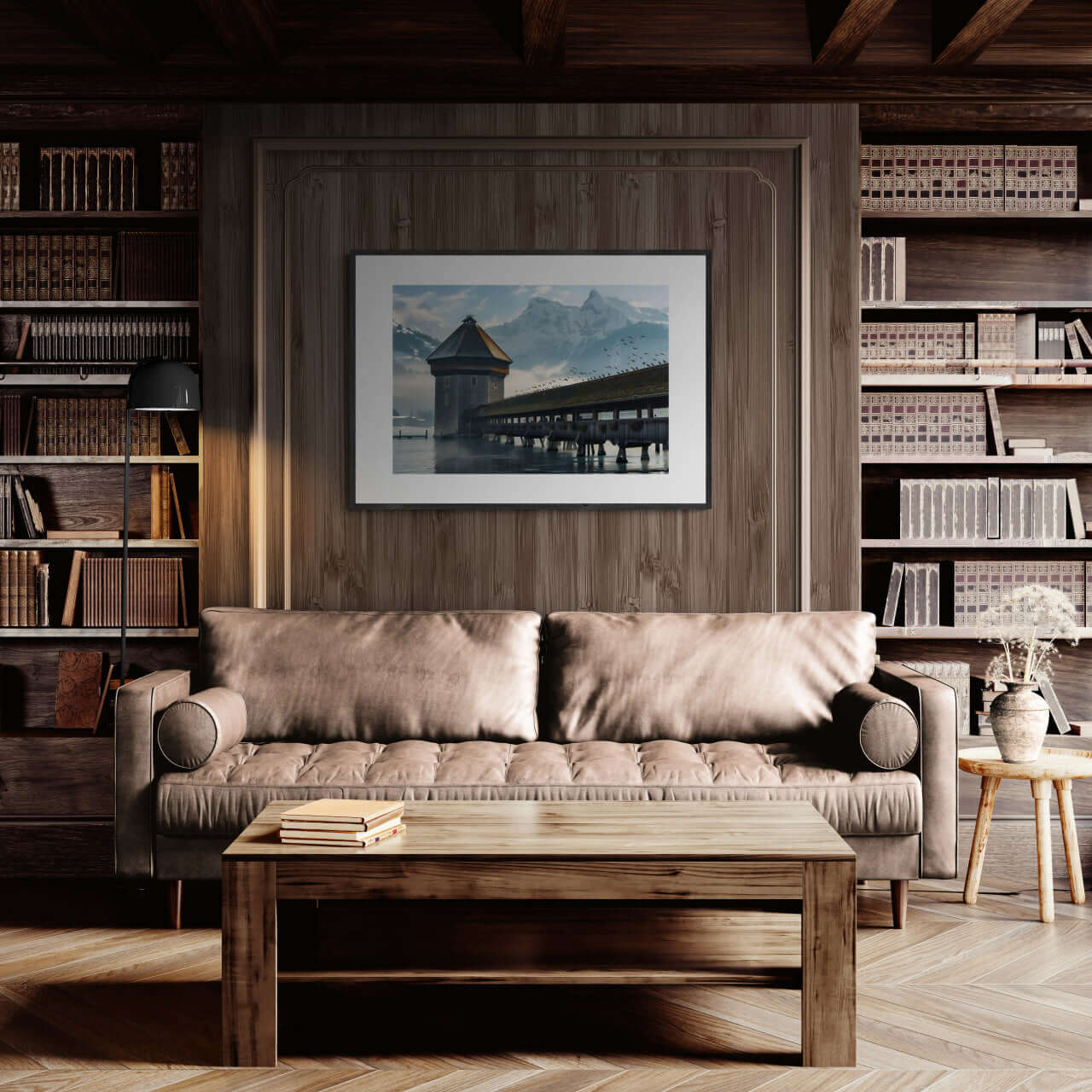Moment in Luzern - Poster framed above a cozy sofa in a warm library setting, showcasing wall art and alpine beauty.