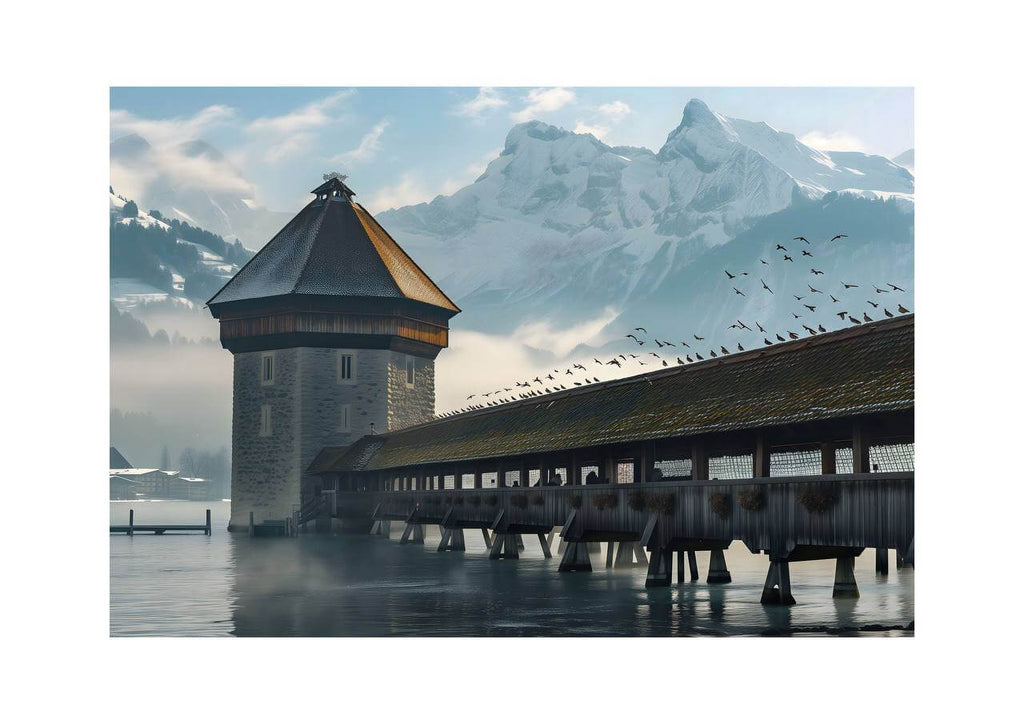 Moment in Luzern - Poster featuring Kapellbrücke and Water Tower with misty Alps in the background, ideal wall art.