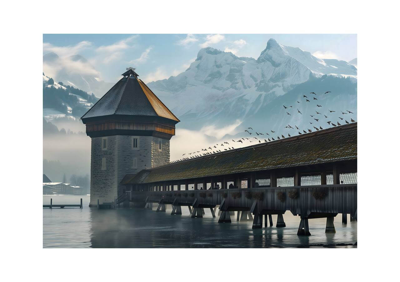 Moment in Luzern - Poster featuring Kapellbrücke and Water Tower with misty Alps in the background, ideal wall art.