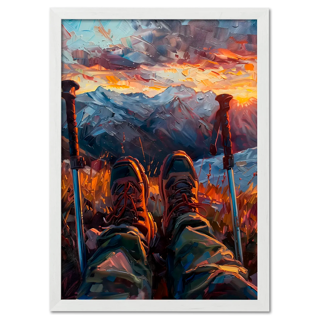A Moment of Peace at the Summit - Poster featuring hiker's boots and trekking poles at sunset on a mountain.