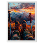 A Moment of Peace at the Summit - Poster featuring hiker's boots and trekking poles at sunset on a mountain.