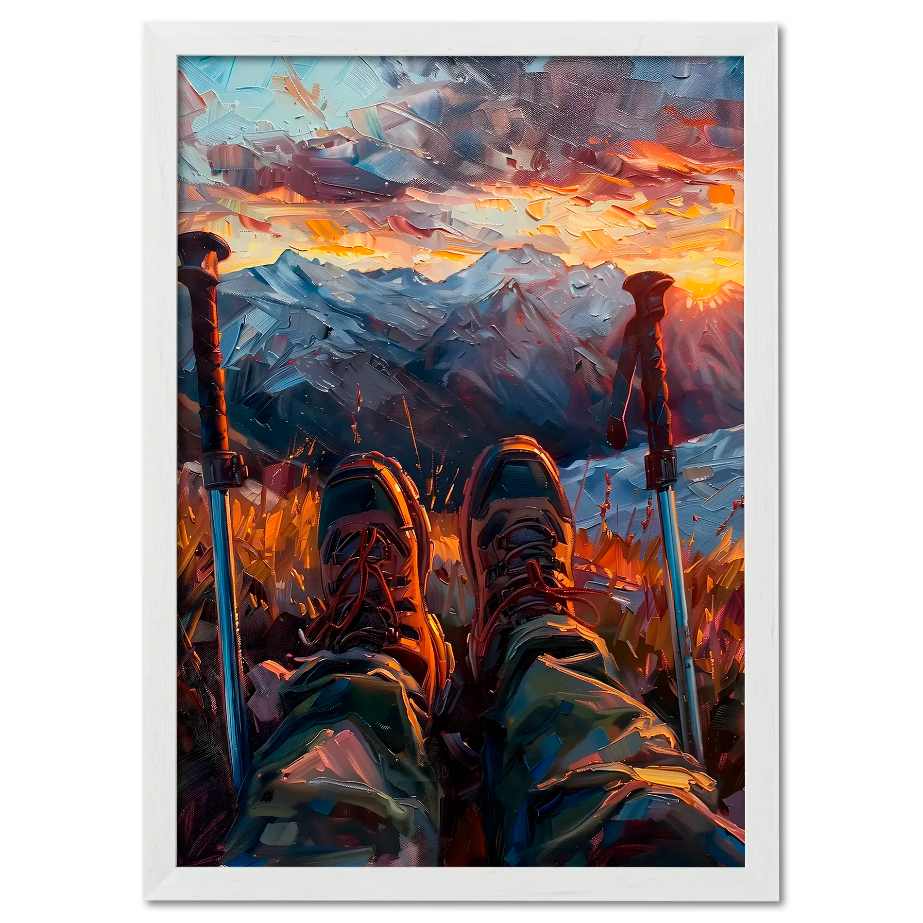 A Moment of Peace at the Summit - Poster featuring hiker's boots and trekking poles at sunset on a mountain.