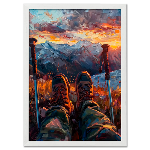 A Moment of Peace at the Summit - Poster featuring hiker's boots and trekking poles at sunset on a mountain.