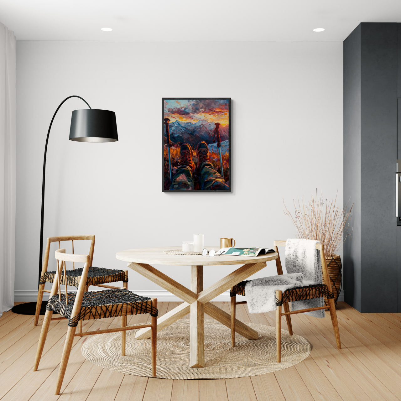 A Moment of Peace at the Summit - Poster displayed in a stylish modern dining area, enhancing the interior design.