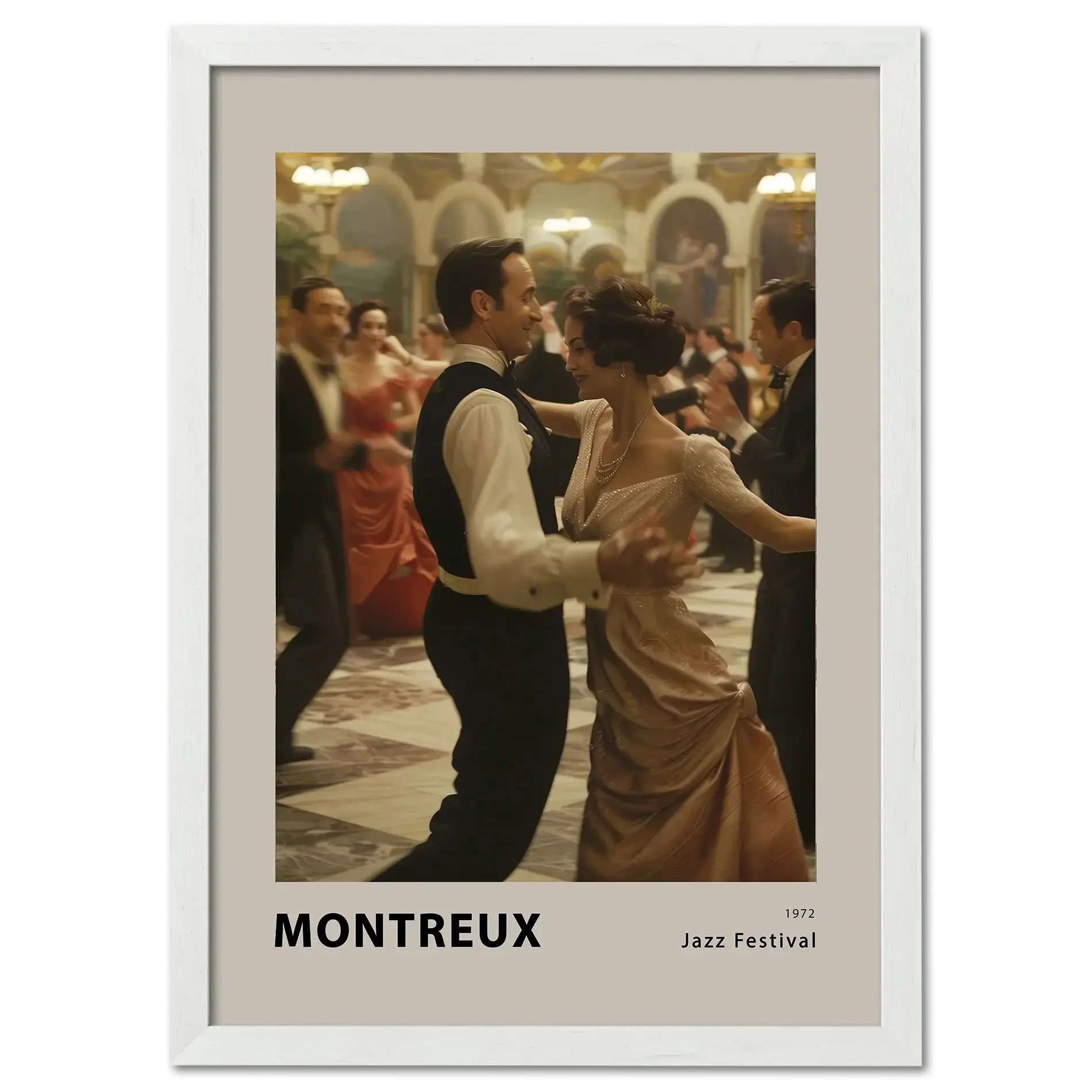 Montreux jazz festival - Poster featuring a couple dancing at a glamorous event in vintage style.