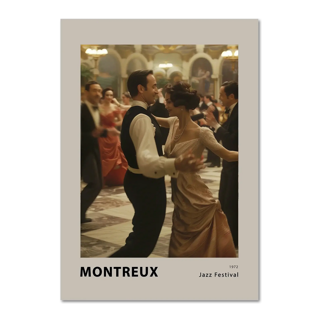 Montreux jazz festival - Poster featuring a couple dancing in a glamorous ballroom filled with soft golden light.